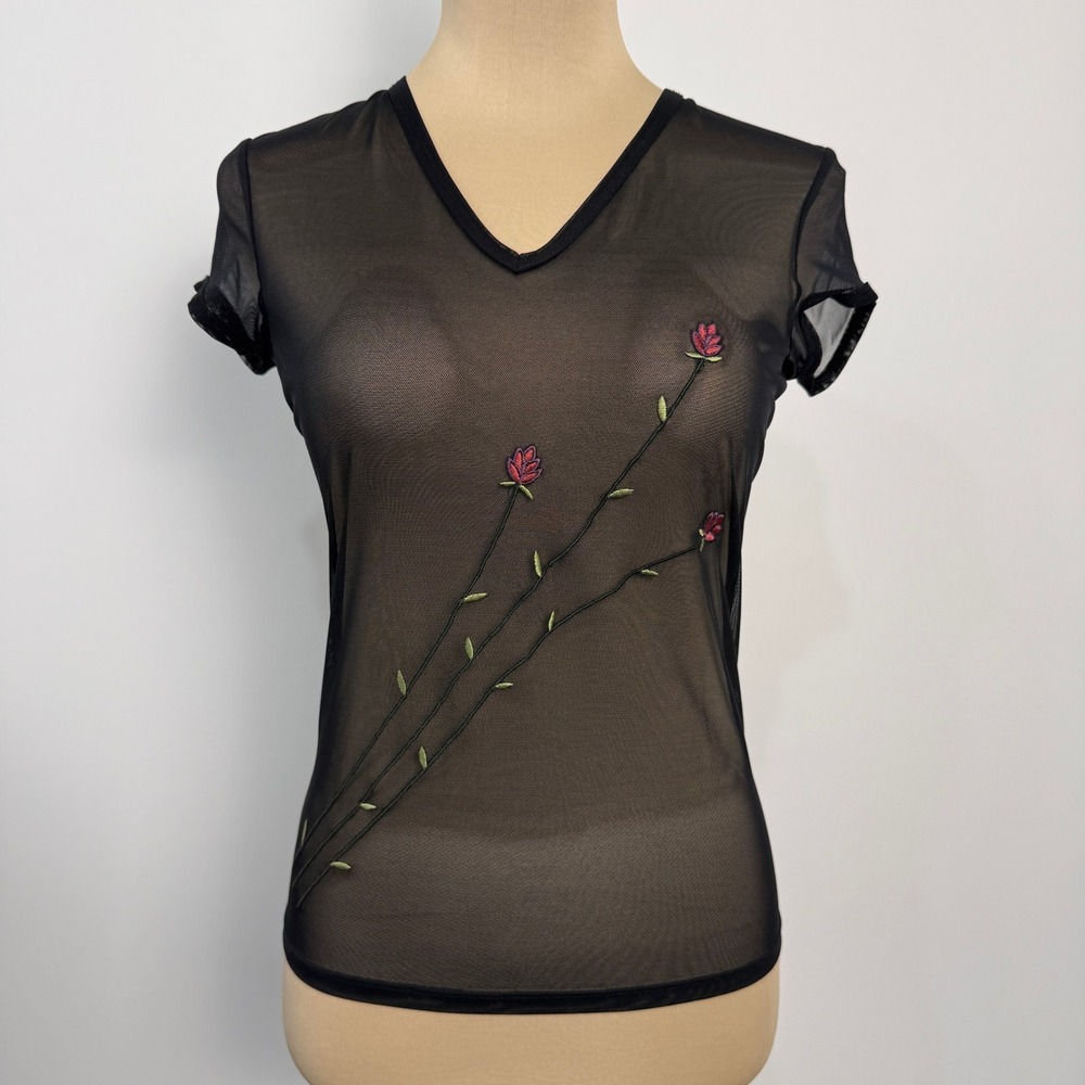Vintage Express Sheer Mesh Top Small Black Floral Embroidered Fairy‎ Soft Goth